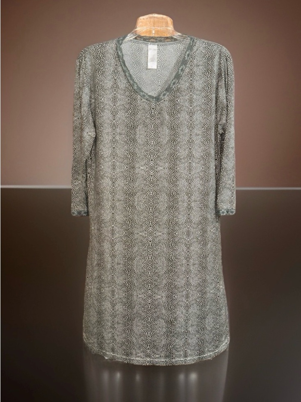 Mayfair V-Neck Long Sleeve Night Gown in Gray Leopard Print w/Lace Detail-L-EC